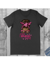 Load image into Gallery viewer, Pray, Believe, Fight Woman Bun- Short Sleeved T-Shirt
