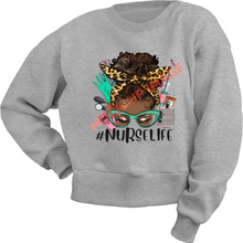Load image into Gallery viewer, Messy Bun Nurse Life Crew Neck Sweatshirt Woman