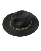 Load image into Gallery viewer, Straw Fedora Hat with Rhinetone Gold-Tone Chain