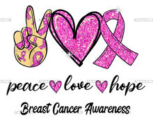 Load image into Gallery viewer, Peace Love Hope Pink Ribbon Breast Cancer Awareness- Short Sleeved T-Shirt