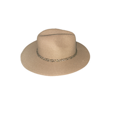 Load image into Gallery viewer, Straw Fedora Hat with Rhinetone Gold-Tone Chain
