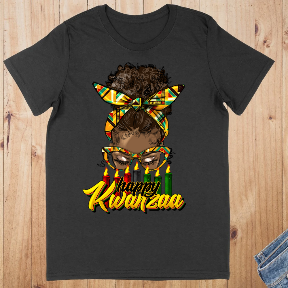 Happy Kwanzaa Woman Bun- Short Sleeved T-Shirt