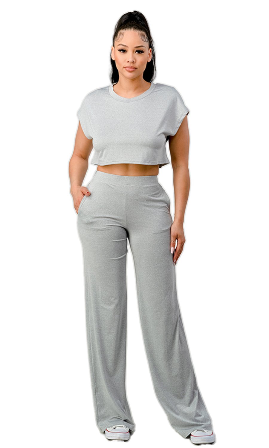 Short Sleeve Crop Top/Wide Pants Set