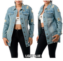 Load image into Gallery viewer, DENIM 3/4 LENGTH DISTRESSED JACKET- Plus Size
