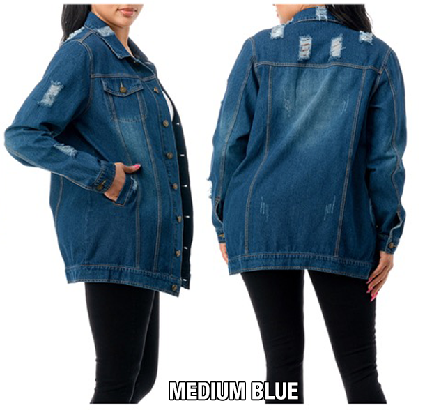 DENIM 3/4 LENGTH DISTRESSED JACKET- Plus Size