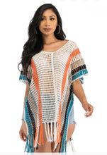 Load image into Gallery viewer, Boho Chic Multicolor Stripe Crochet Cover-up Kimono

