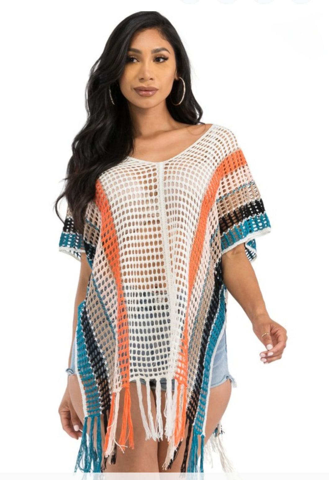 Boho Chic Multicolor Stripe Crochet Cover-up Kimono