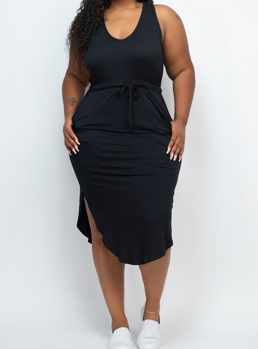 Drawstring Sleeveless Midi Dress