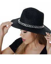 Load image into Gallery viewer, Straw Fedora Hat with Silver-Tone Chain
