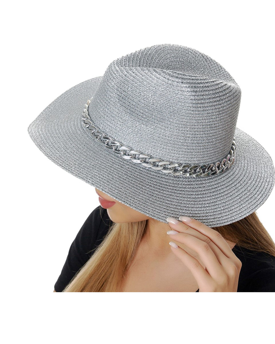 Straw Fedora Hat with Silver-Tone Chain