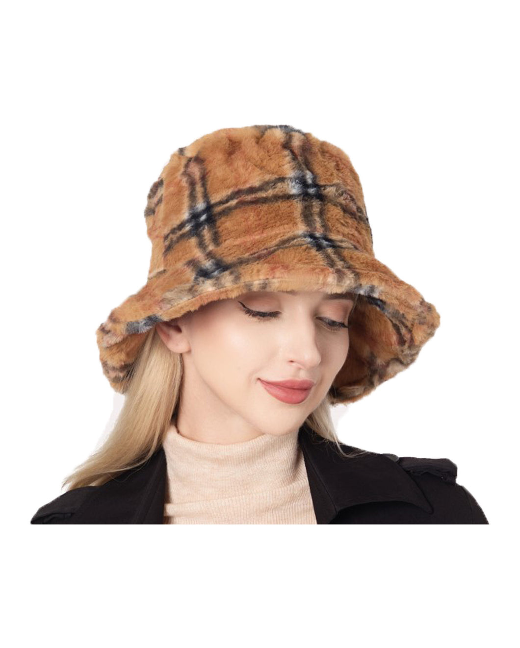 Faux Fur Tan Plaid Bucket Hat