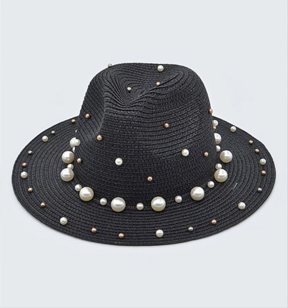 Beaded Packable Straw Fedora Hat